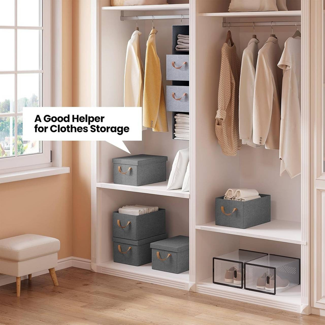 24goodz Set of 10 Storage Boxes with Lids - Space-Saving Design - Durable Polyester - For Organizing - Grey (38x27x20 cm)