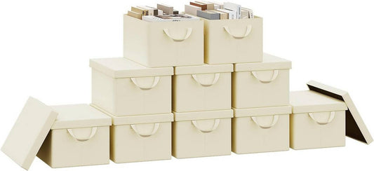 24goodz Set of 10 Storage Boxes with Lids - High-Quality Materials - Versatile Design - Polyester - For Home Organization - Cream