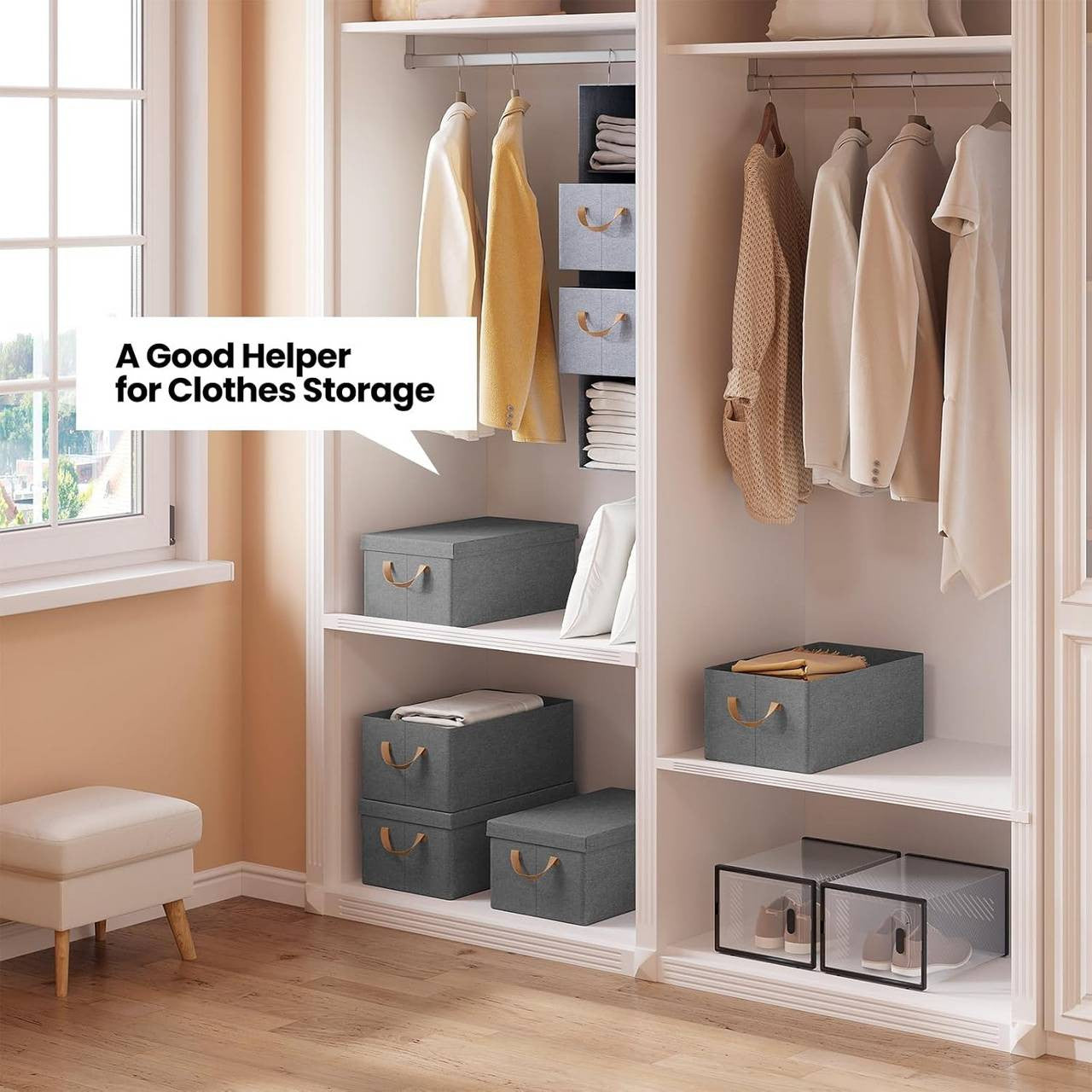24goodz Set of 10 Storage Boxes with Lid - Versatile and Space-Saving - Polyester - For Home Organization - Grey (48x29x20 cm)