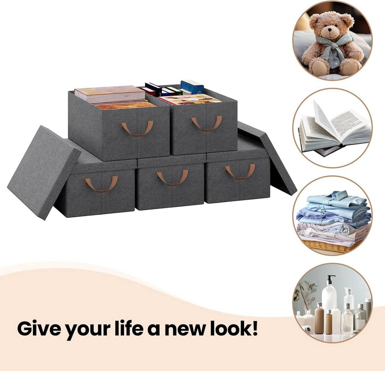 24goodz Set of 10 Storage Boxes with Lid - Versatile and Space-Saving - Polyester - For Home Organization - Grey (48x29x20 cm)