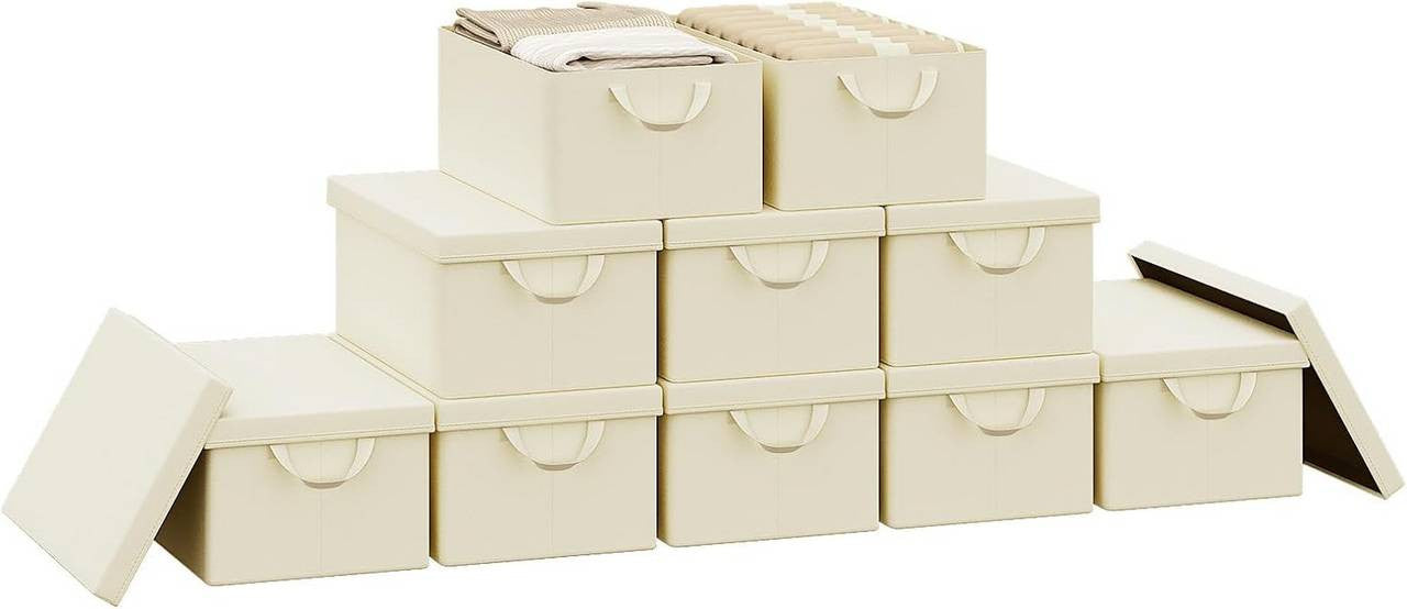24goodz Set of 10 Storage Boxes with Lids - Versatile Organization Solution - Durable Polyester - For Home & Living - Cream