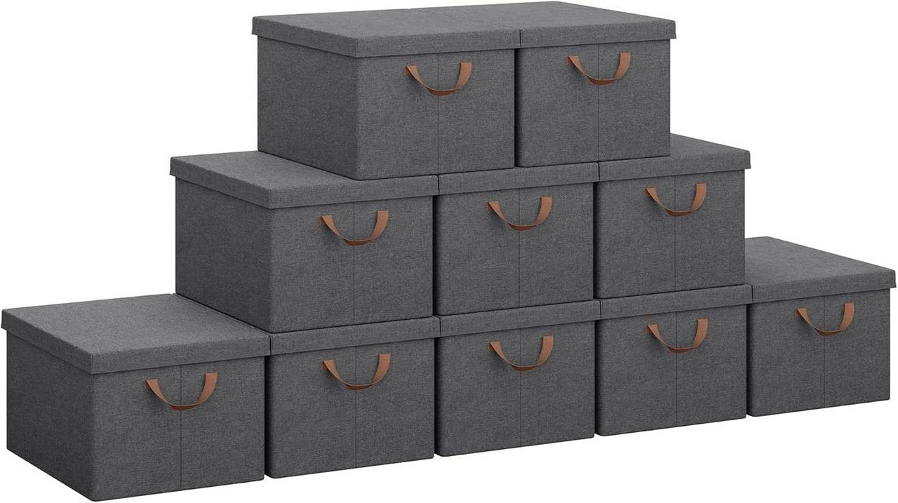 24goodz Set of 10 Storage Boxes with Lids - Versatile and Space-Saving - Polyester and Metal - For Home Organization - Grey