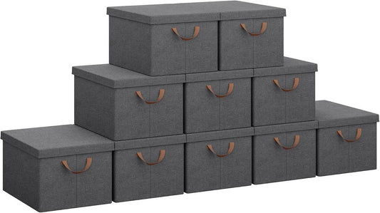 24goodz Set of 10 Storage Boxes with Lids - Versatile and Space-Saving - Polyester and Metal - For Home Organization - Grey