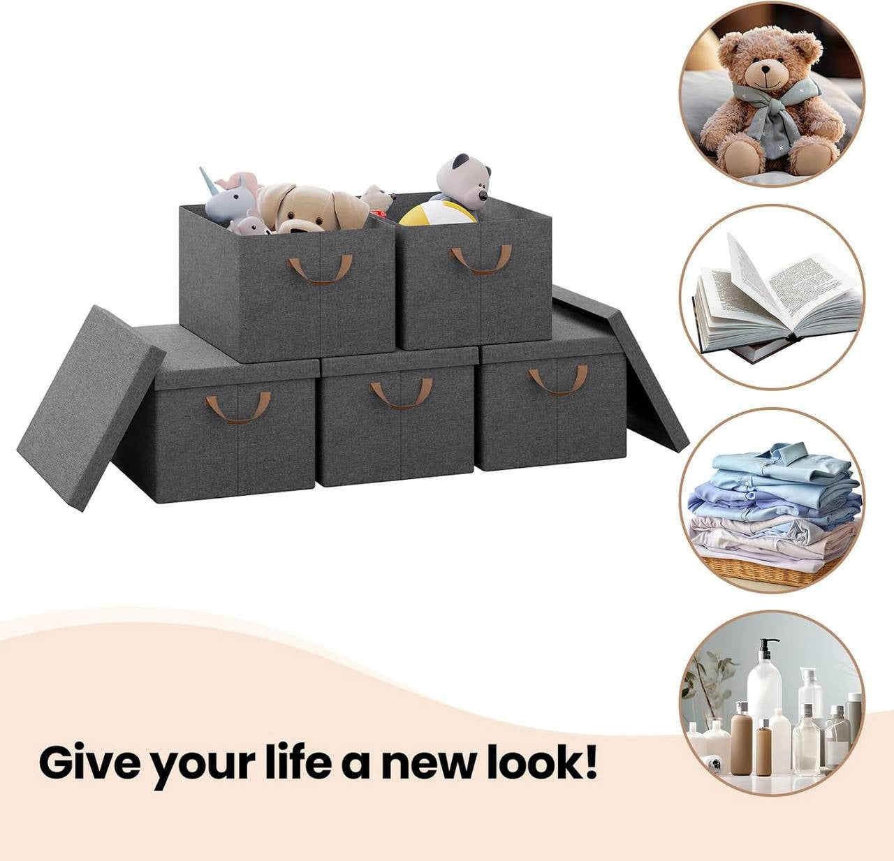 24goodz Set of 10 Storage Boxes with Lids - Versatile and Space-Saving - Polyester and Metal - For Home Organization - Grey