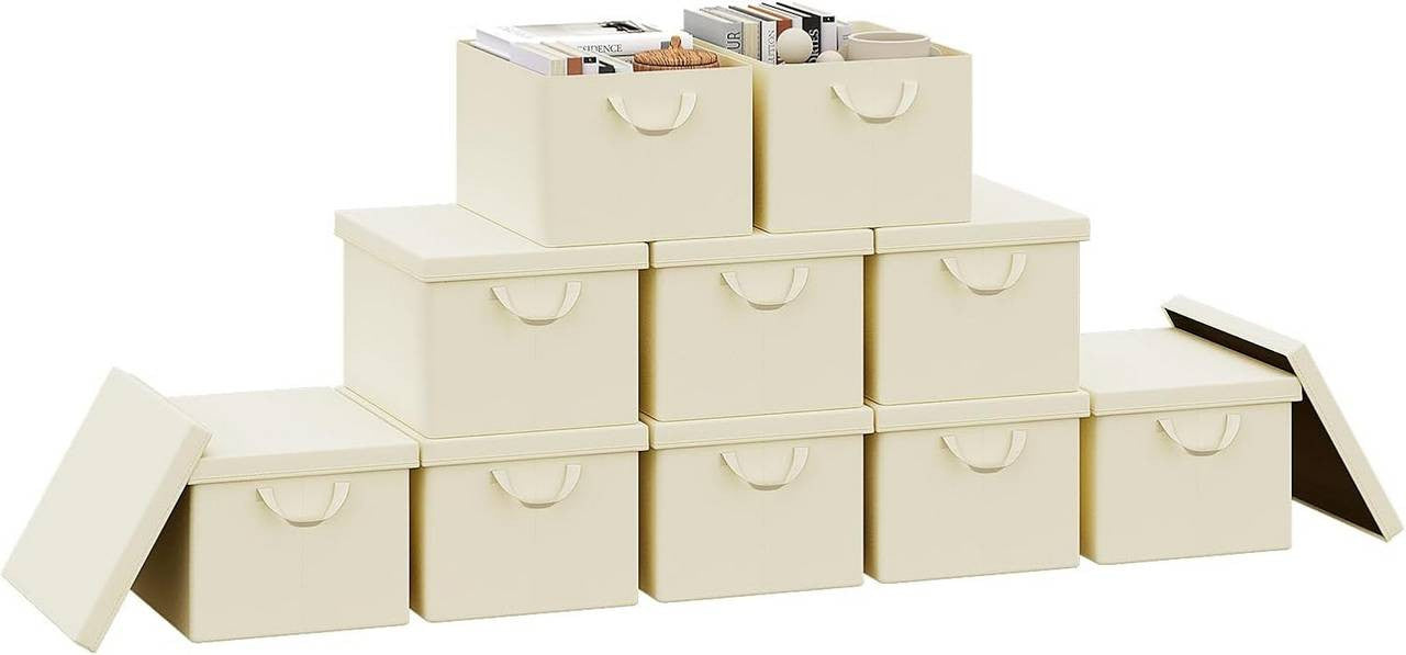 24goodz Set of 10 Storage Boxes with Lids - Versatile Organization Solution - Durable Polyester - For Home and Office - Cream