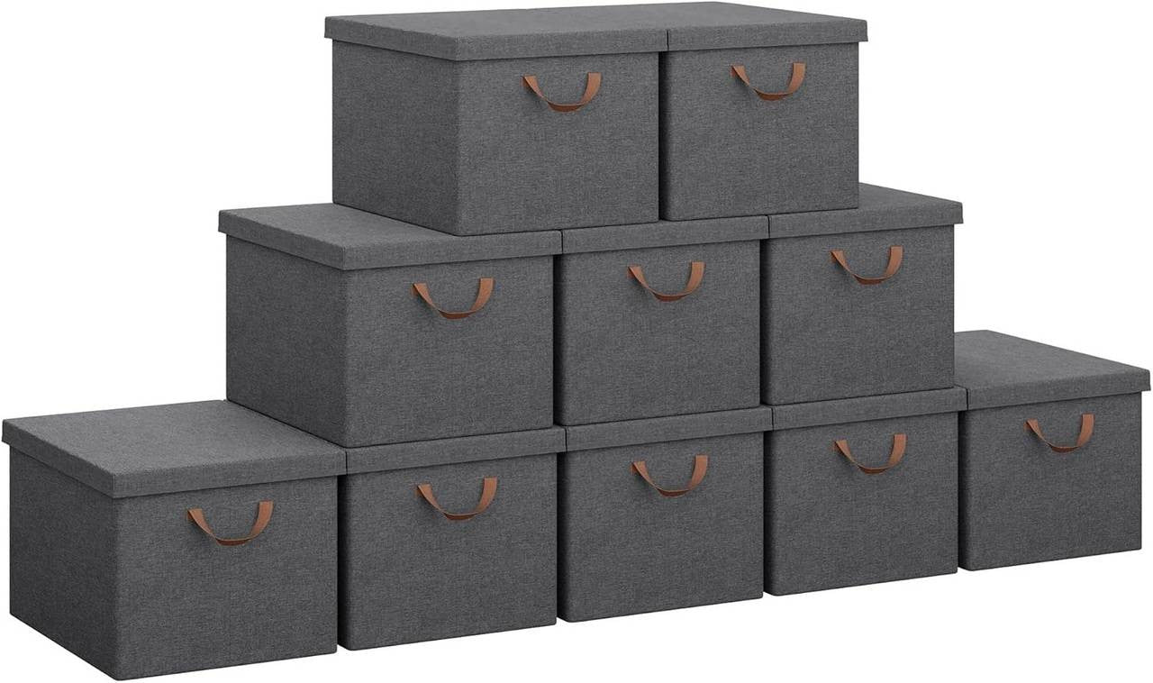 24goodz Set of 10 Storage Boxes with Lids - Versatile and Foldable - Polyester - For Home Organization - Grey
