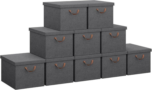 24goodz Set of 10 Storage Boxes with Lids - Versatile and Foldable - Polyester - For Home Organization - Grey