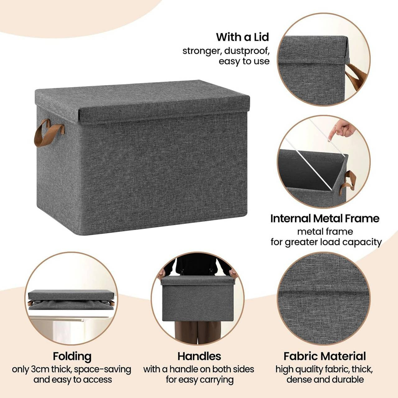24goodz Set of 10 Storage Boxes with Lids - Versatile and Foldable - Polyester - For Home Organization - Grey