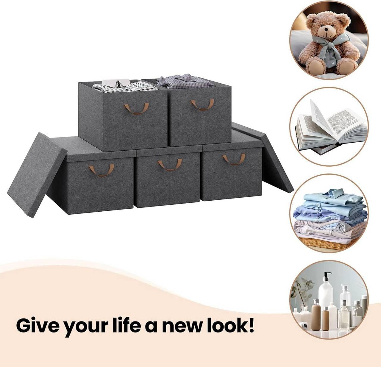 24goodz Set of 10 Storage Boxes with Lids - Versatile and Foldable - Polyester - For Home Organization - Grey