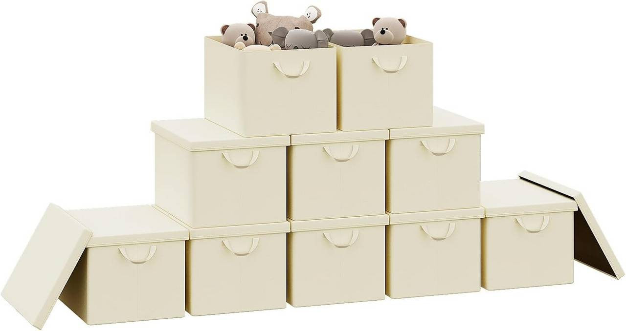 24goodz Set of 10 Storage Boxes with Lids - Versatile Organization Solution - Durable Polyester - For Home and Office - Cream