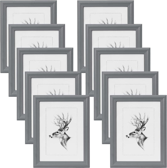 24goodz Set of 10 Photo Frames - Durable Solid Wood - Versatile Hanging Options - Glass - For Home Decor - Grey