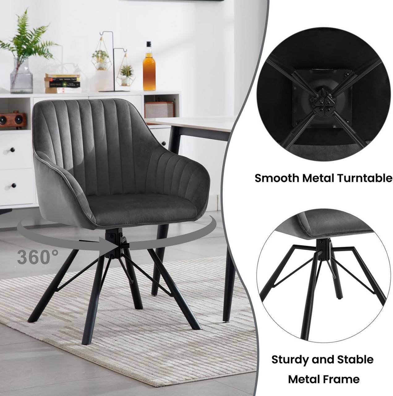 24goodz Swivel Dining Chairs - 360-Degree Rotation - Soft Velvet Upholstery - For Living Rooms and Dining Areas - Dark Grey