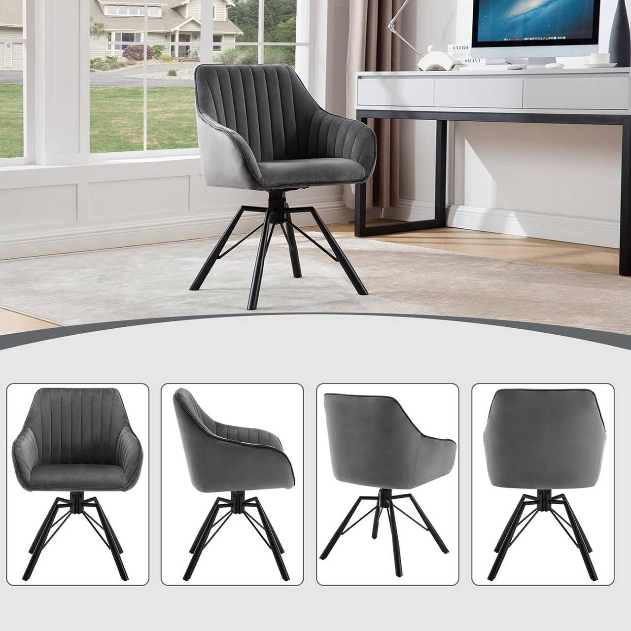24goodz Swivel Dining Chairs Set of 6 - Comfortable & Stylish - Velvet & Metal - For Dining Rooms and Living Spaces - Dark Grey