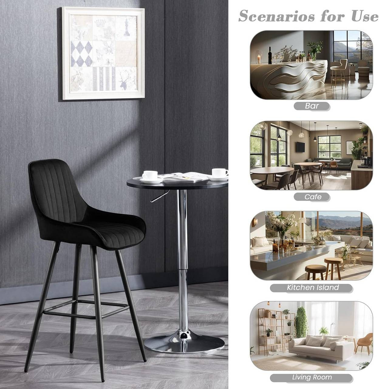 24goodz Velvet Bar Stool - Thick and Comfortable Seat - Ergonomic Design - Metal Frame - Black - 48.5x106x46 cm