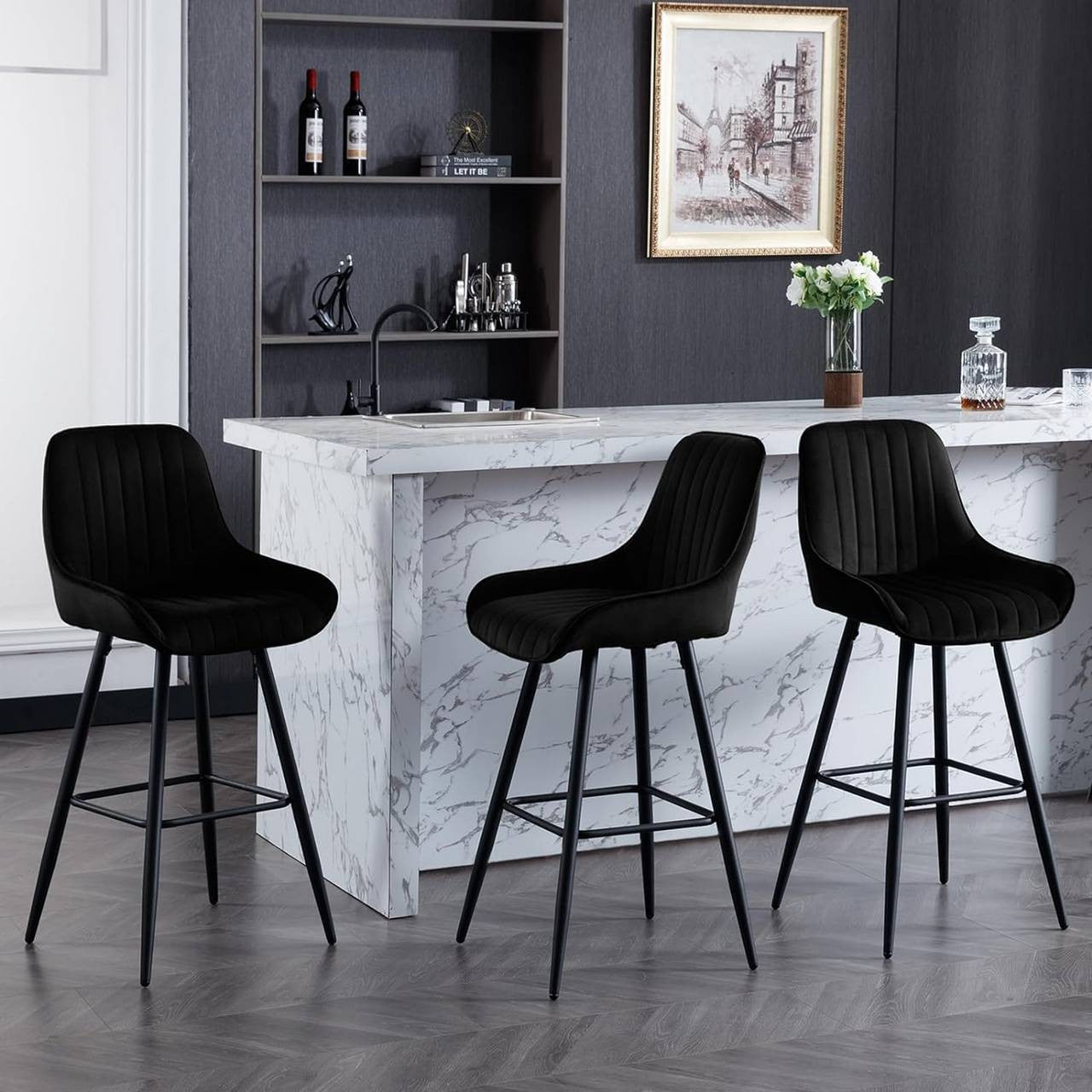 24goodz Velvet Bar Stool - Thick and Comfortable Seating - Ergonomic Design - Metal Frame - Black - 71 cm Height