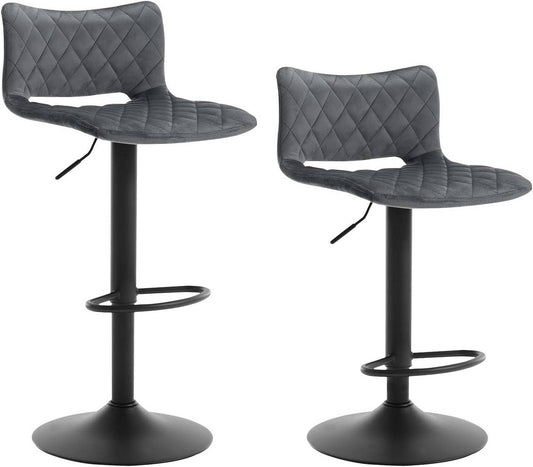 24goodz Set of 2 Adjustable Bar Stools - Ergonomic Design - Durable Metal Base - Velvet - For Home Bars and Kitchens - Dark Grey