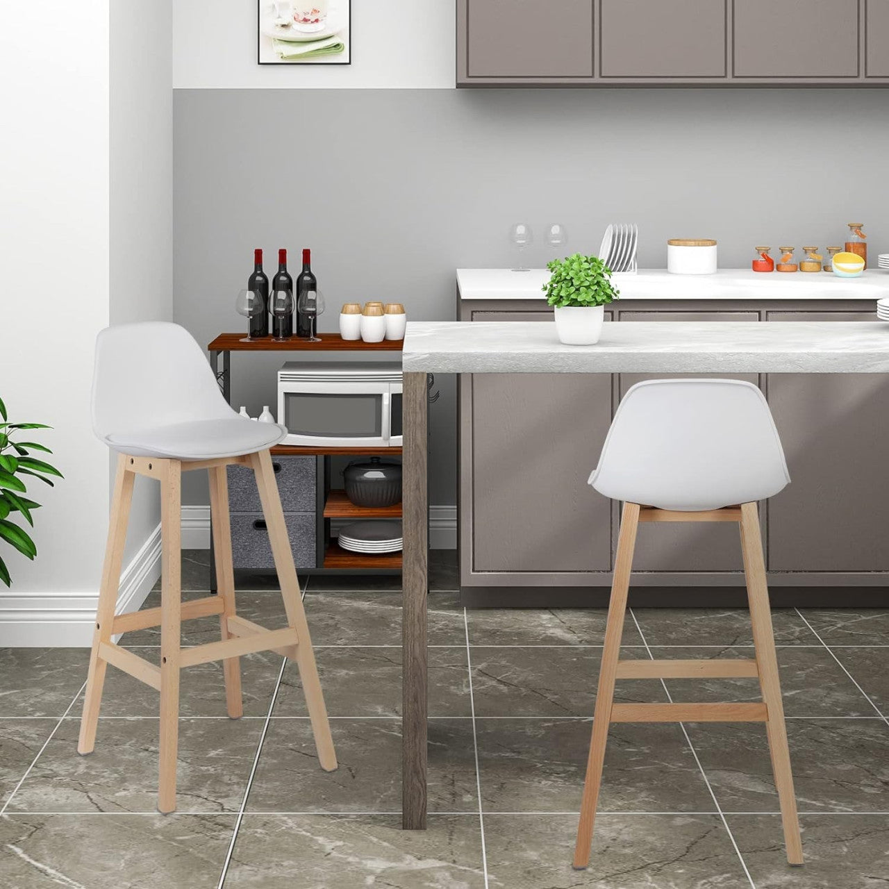 24goodz Stylish Bar Stool - Scandinavian Design - Ergonomic Comfort - Wood and Faux Leather - For Home and Cafés - Wood Colour + White - ws