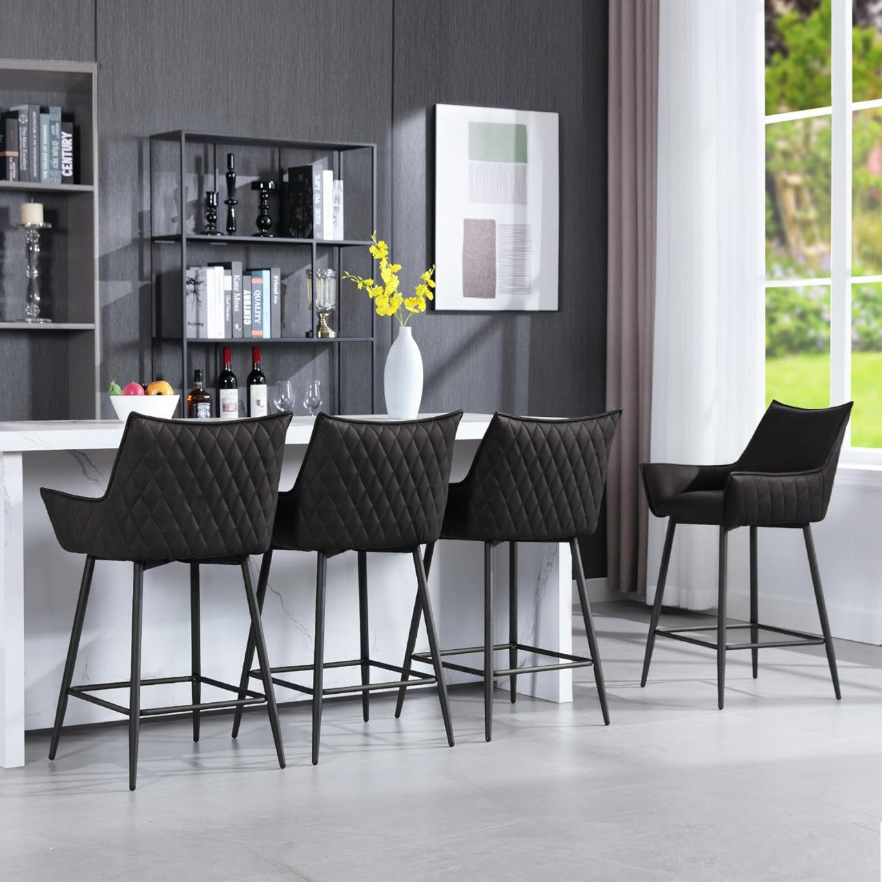 24goodz Vintage Bar Stool with Backrest and Armrests - Ergonomic Comfort - Sturdy Metal Frame - Vintage Faux Leather - Grey/Brown - 51 x 90 x 49 cm