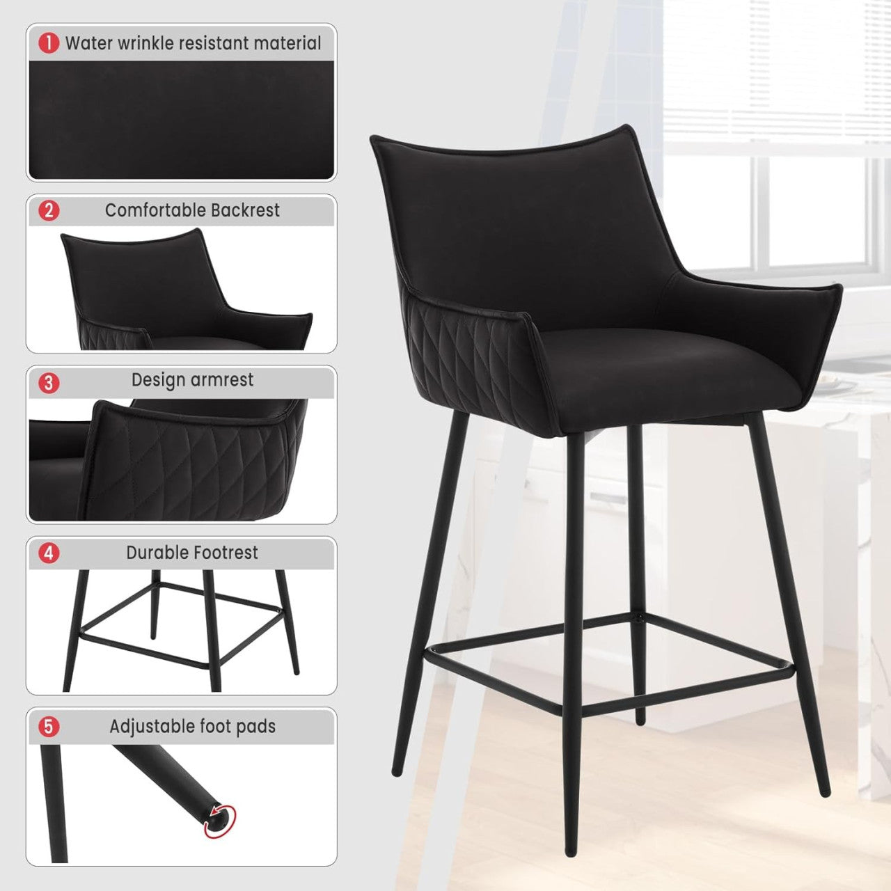 24goodz Vintage Bar Stool with Backrest - Ergonomic Comfort - Sturdy Metal Frame - Vintage Faux Leather - For Home & Kitchen - Anthracite