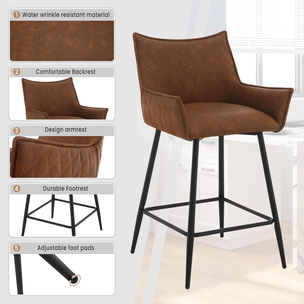 24goodz Vintage Bar Stool with Backrest - Ergonomic Comfort - Sturdy Metal Frame - Vintage Faux Leather - Brown/Anthracite - 51 x 90 x 49 cm