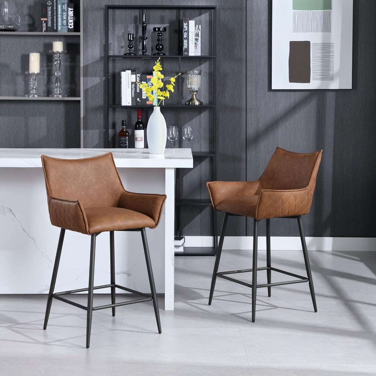 24goodz Vintage Bar Stool with Backrest - Ergonomic Comfort - Sturdy Metal Frame - Vintage Faux Leather - Brown/Anthracite - 51 x 90 x 49 cm