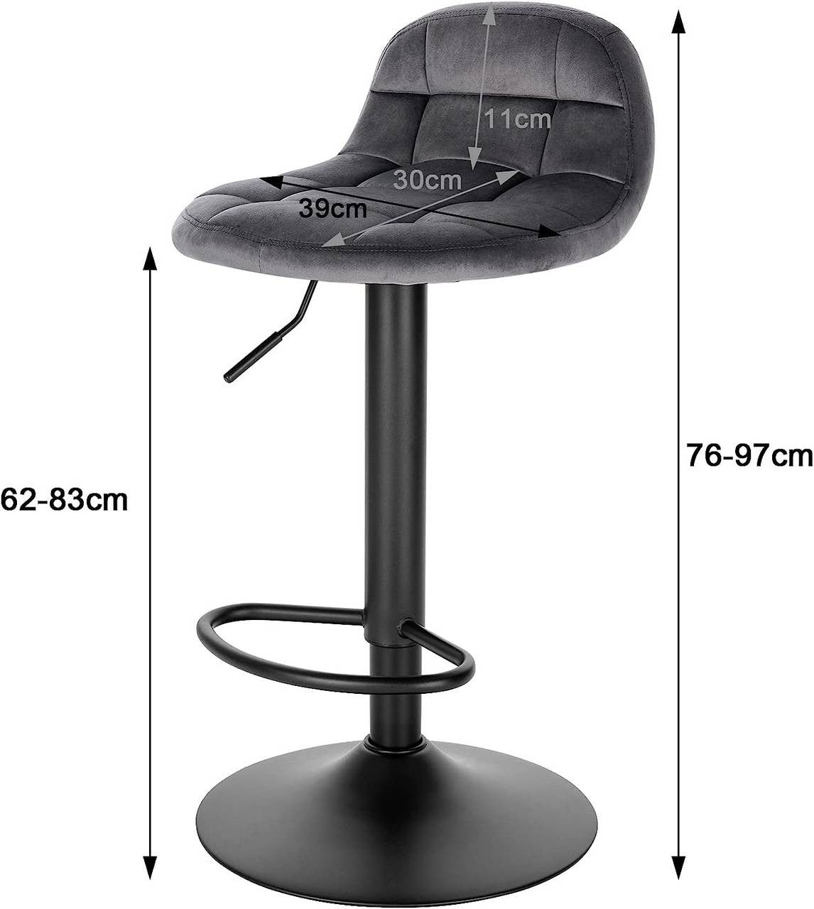 24goodz Velvet Bar Stool with Backrest and Footrest - Comfortable Seating Experience - Height Adjustable and 360° Swivel - Velvet + Metal - Dark Grey - dgr