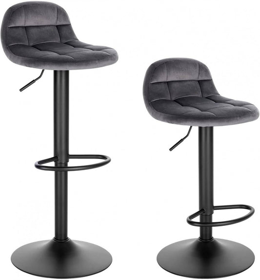 24goodz Velvet Bar Stool with Backrest and Footrest - Comfortable Seating Experience - Height Adjustable and 360° Swivel - Velvet + Metal - Dark Grey - dgr