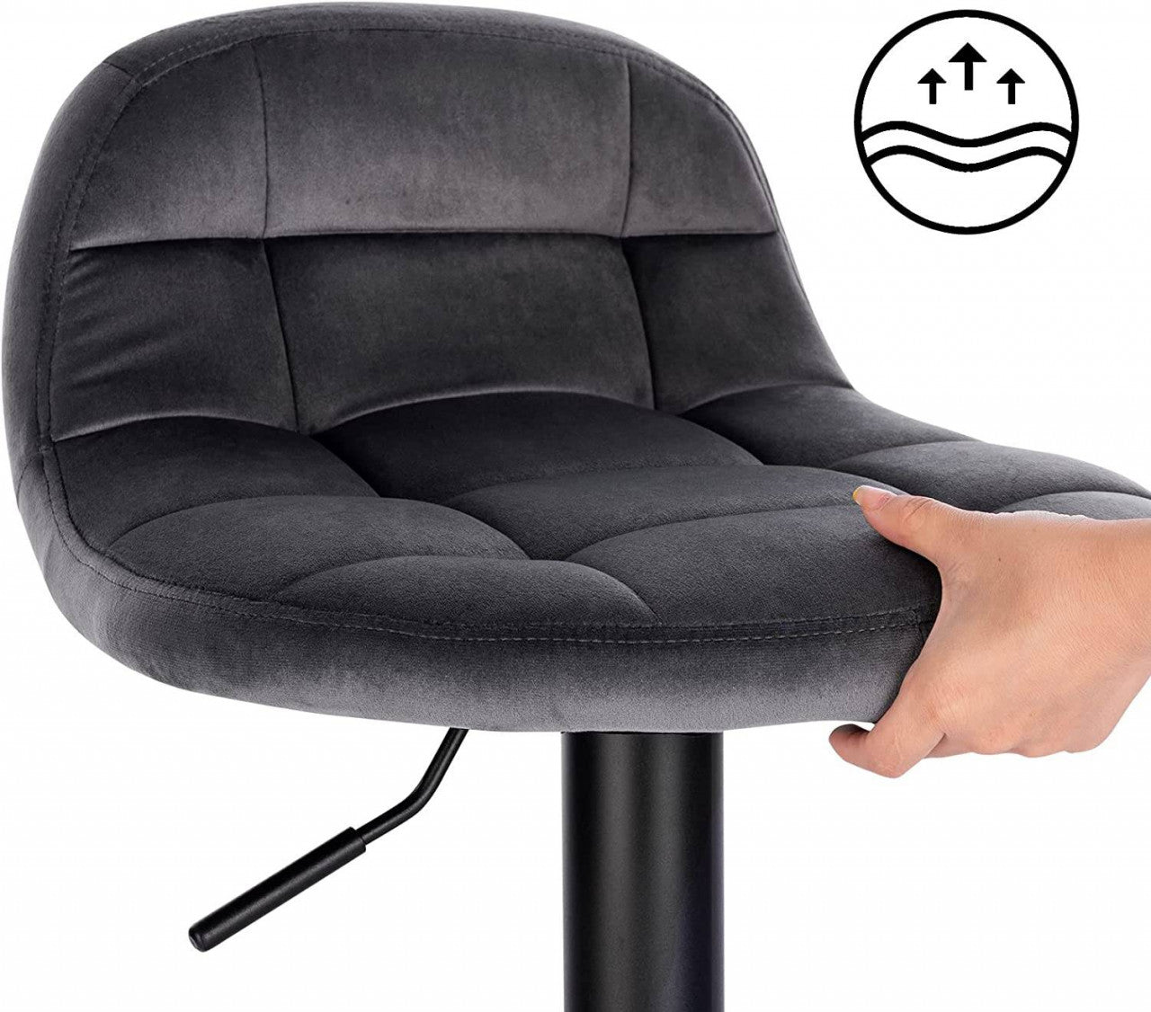 24goodz Velvet Bar Stool with Backrest and Footrest - Comfortable Seating Experience - Height Adjustable and 360° Swivel - Velvet + Metal - Dark Grey - dgr