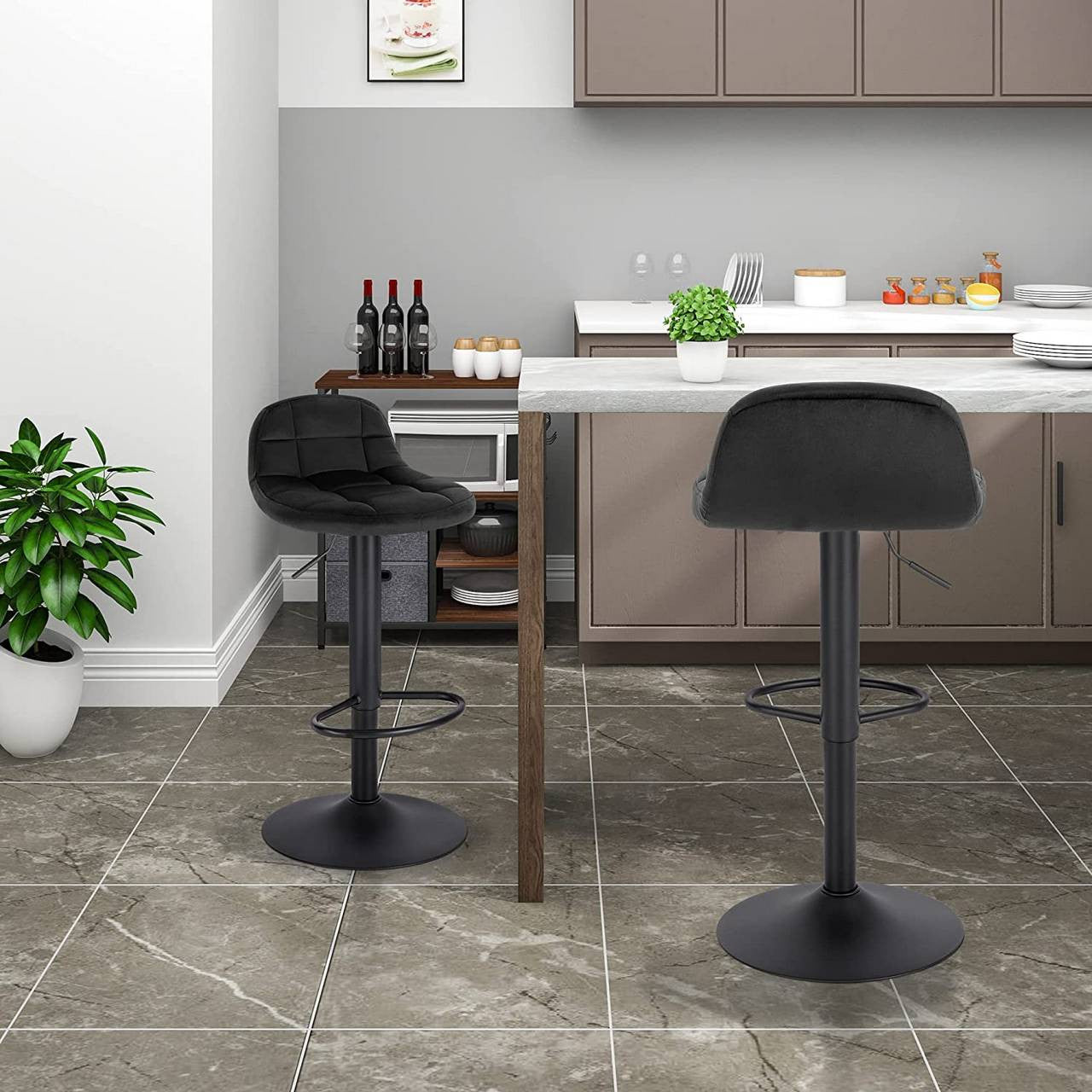 24goodz Velvet Bar Stool with Backrest and Footrest - Comfortable Seating - Adjustable Height and 360° Swivel - Velvet and Metal - Dark Grey/Black/Dark Green - sz