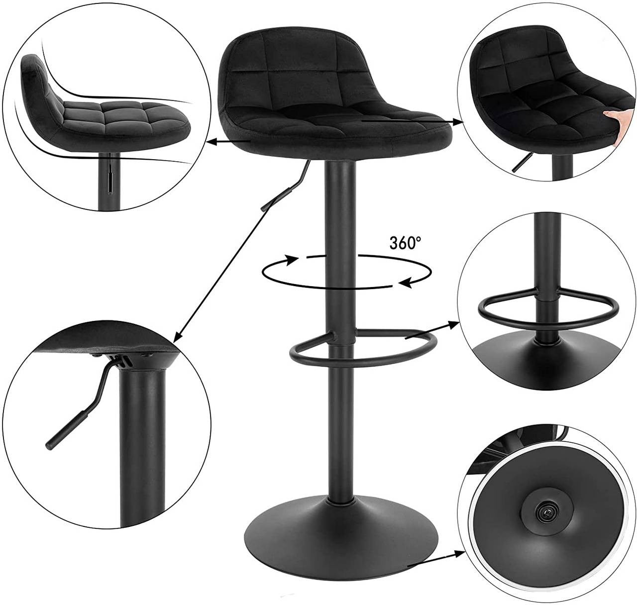 24goodz Velvet Bar Stool with Backrest and Footrest - Comfortable Seating Experience - Height Adjustable and 360° Swivel - Metal - For Home and Dining - Dark Grey/Black/Dark Green - sz
