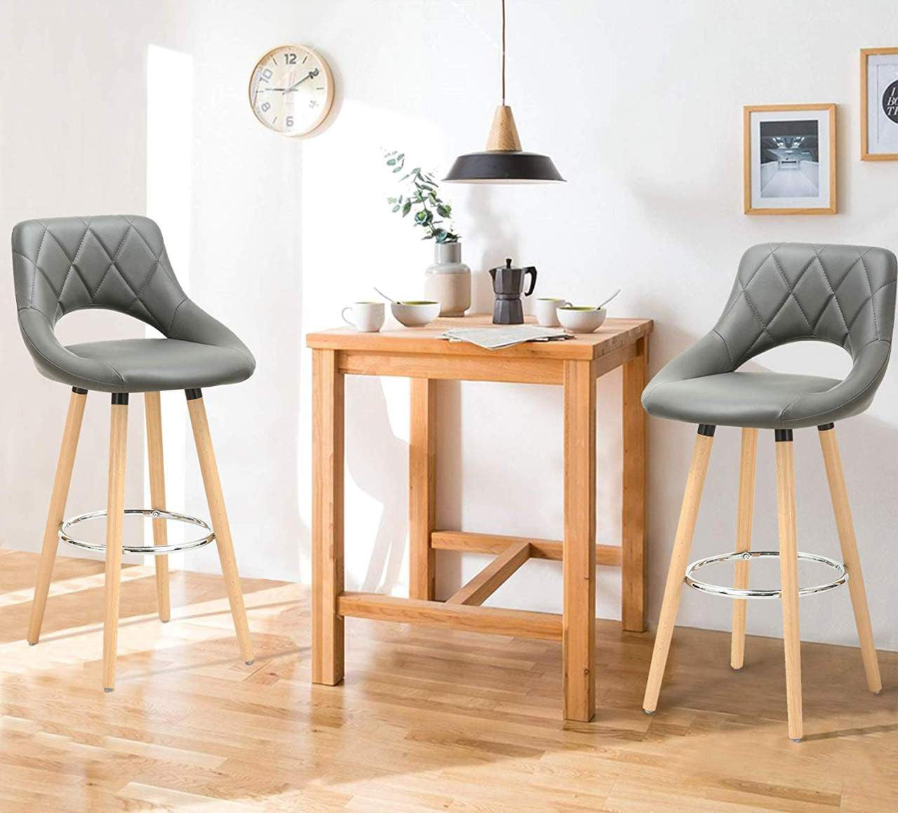 24goodz Bar Stool with Backrest and Footrest - Ergonomic Comfort - Durable Faux Leather - For Home and Commercial Use - Grey