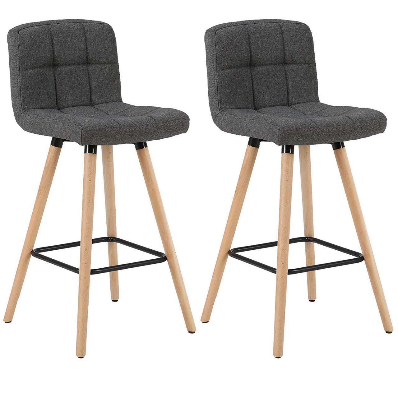 24goodz Set of 2 Bar Stools with Backrest and Footrest - Ergonomic Design - Solid Wood and Linen - Dark Grey - dgr