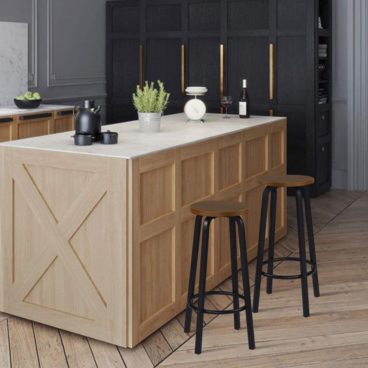 24goodz Set of 2 Bistro Bar Stools - Stylish and Versatile - MDF and Metal - For Home and Commercial Use - Dark Beech - dc