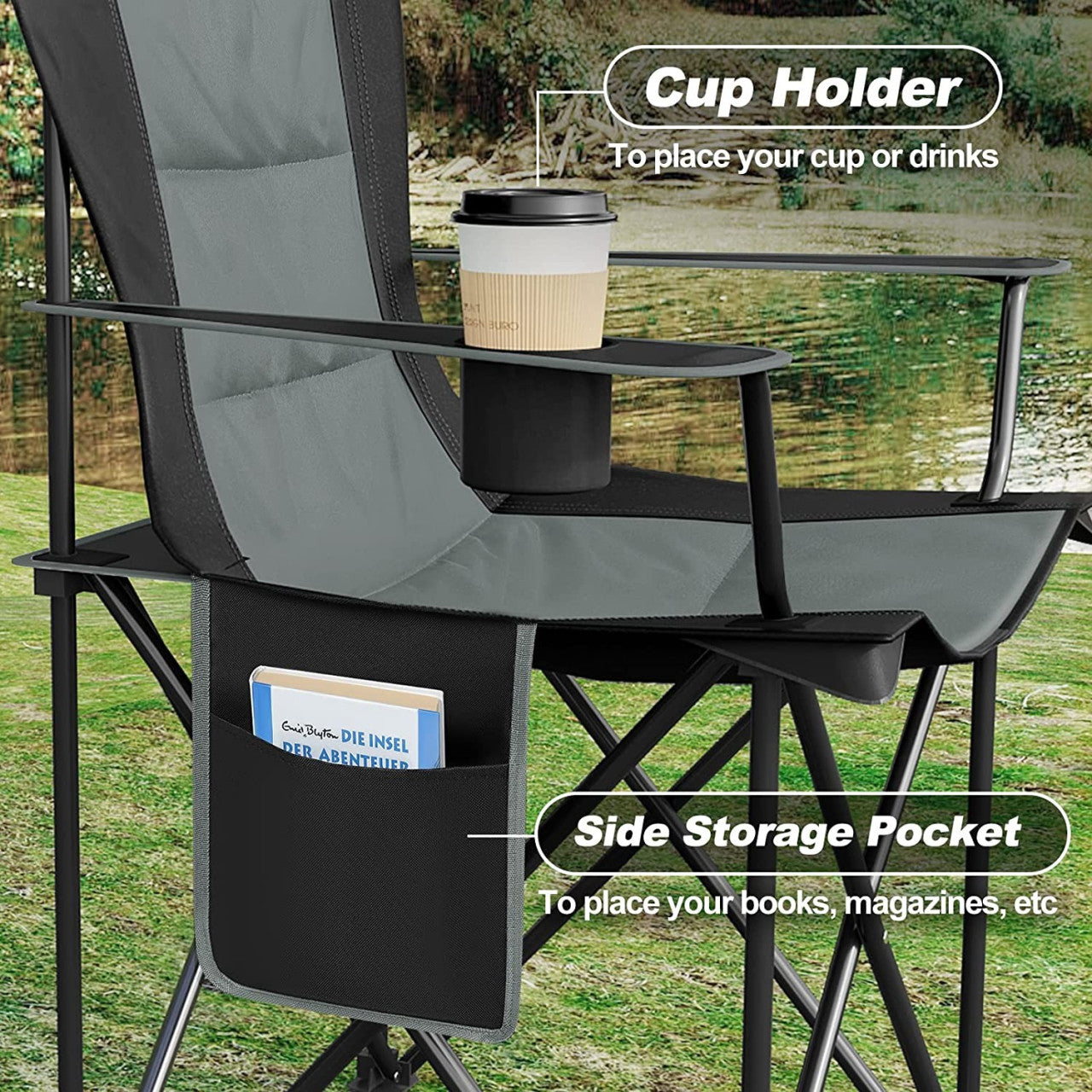 24goodz Lightweight Folding Camping Chair - Portable Design - High-Quality 600D Oxford Fabric - For Outdoor Enthusiasts - Black + Dark Grey - szdg