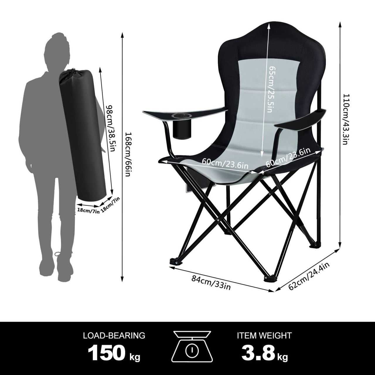 24goodz Lightweight Folding Camping Chair - Portable and Space-Saving - 600D Oxford Fabric - For Outdoor Enthusiasts - Black + Light Grey - szhg