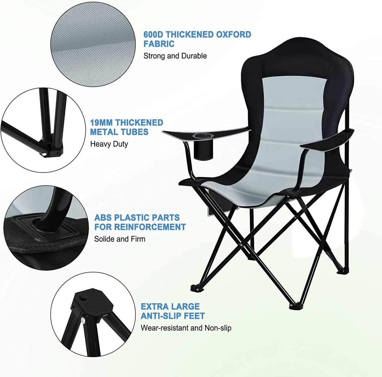 24goodz Lightweight Folding Camping Chair - Portable and Easy to Transport - 600D Oxford Fabric - For Outdoor Enthusiasts - Black + Light Grey - szhg