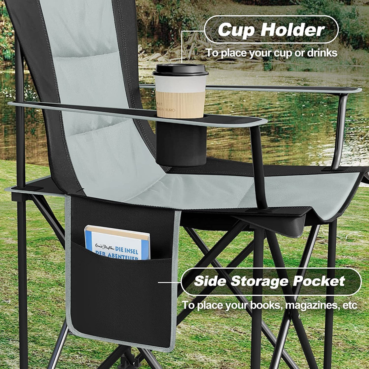 24goodz Lightweight Folding Camping Chair - Portable and Easy to Transport - 600D Oxford Fabric - For Outdoor Enthusiasts - Black + Light Grey - szhg