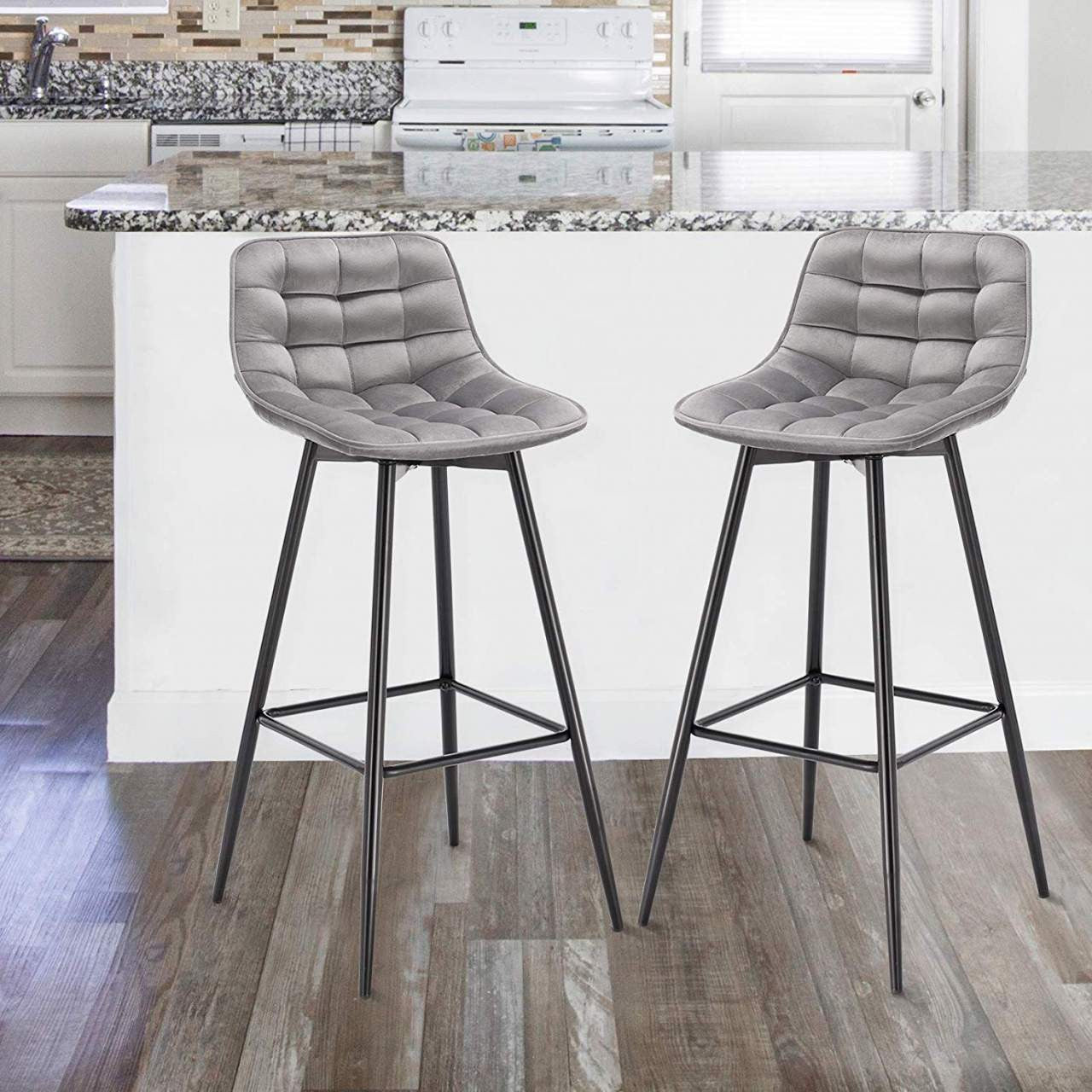 24goodz Velvet Bar Stool Set - Comfortable & Ergonomic - Sturdy and Robust - Velvet + Metal - Light Grey - hgr