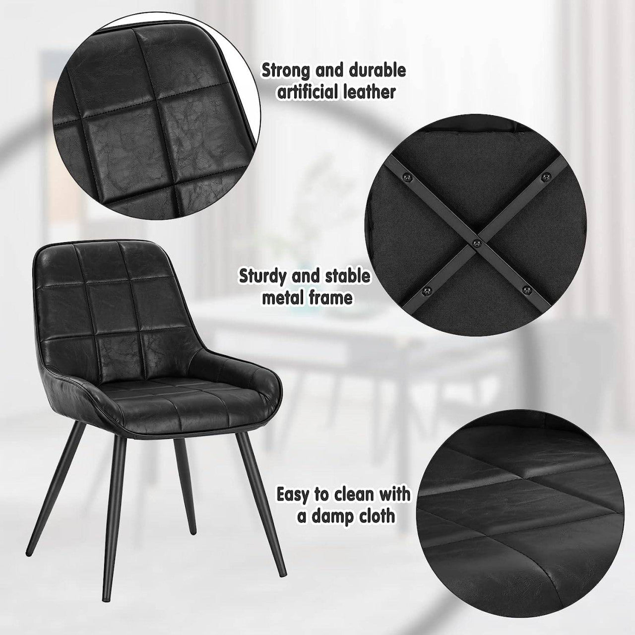 24goodz Set of 4 Dining Chairs - Ergonomic Comfort - Sturdy Metal and Faux Leather - For Home and Office - Black - sz