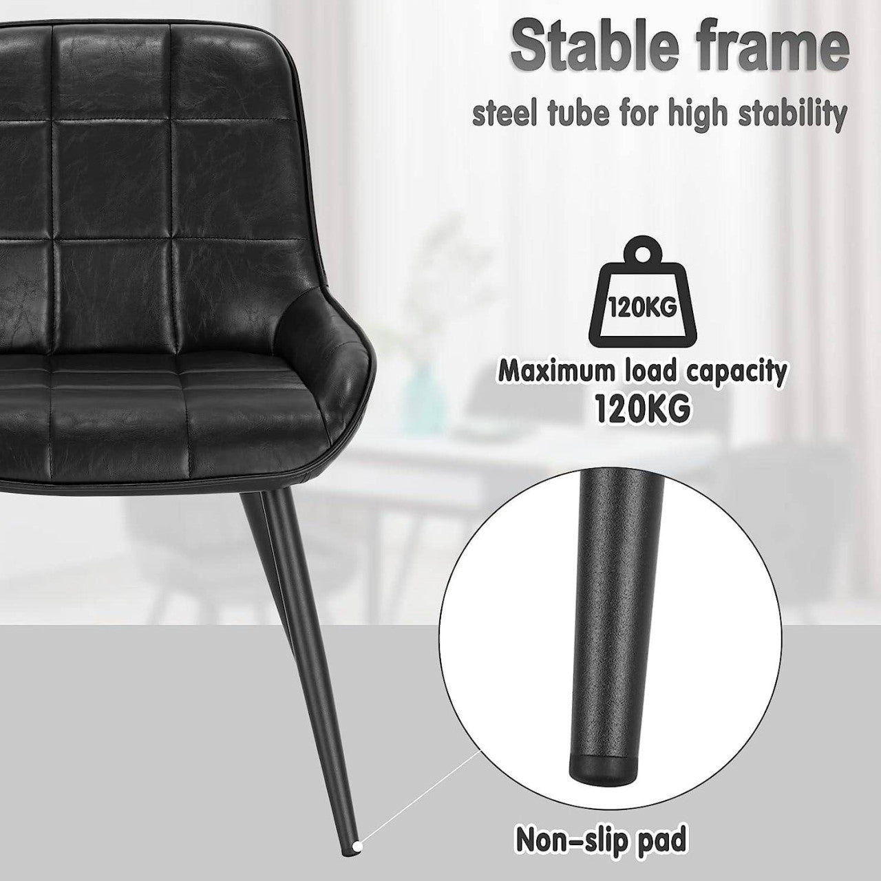 24goodz Set of 6 Dining Chairs - Robust & Stable Structure - Ergonomic Comfort - Faux Leather + Metal - Black - sz