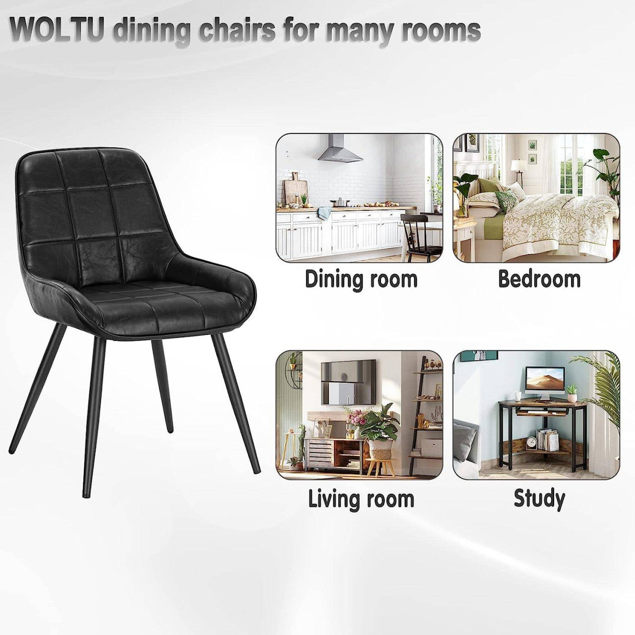 24goodz Set of 4 Dining Chairs - Ergonomic Comfort - Sturdy Metal and Faux Leather - For Home and Office - Black - sz