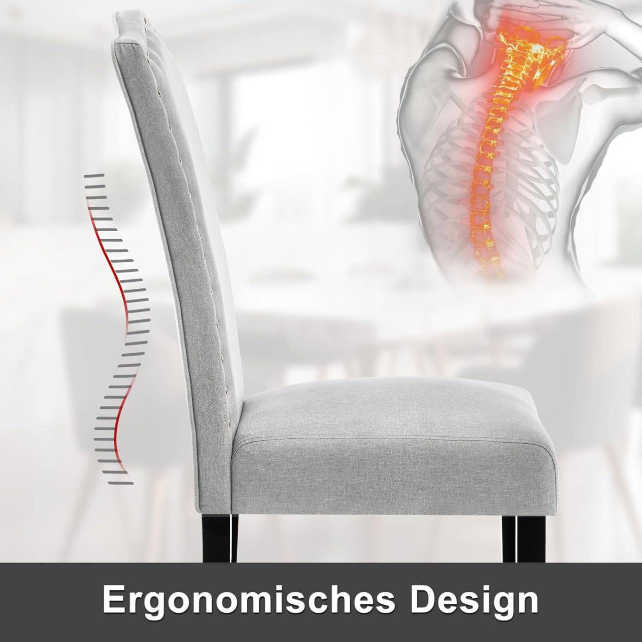 24goodz Ergonomic Dining Chairs - Comfortable High Back Support - Linen and Solid Wood - For Home Use - Light Grey