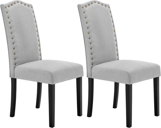 24goodz Ergonomic Dining Chairs - Comfortable High Back Support - Linen and Solid Wood - For Home Use - Light Grey