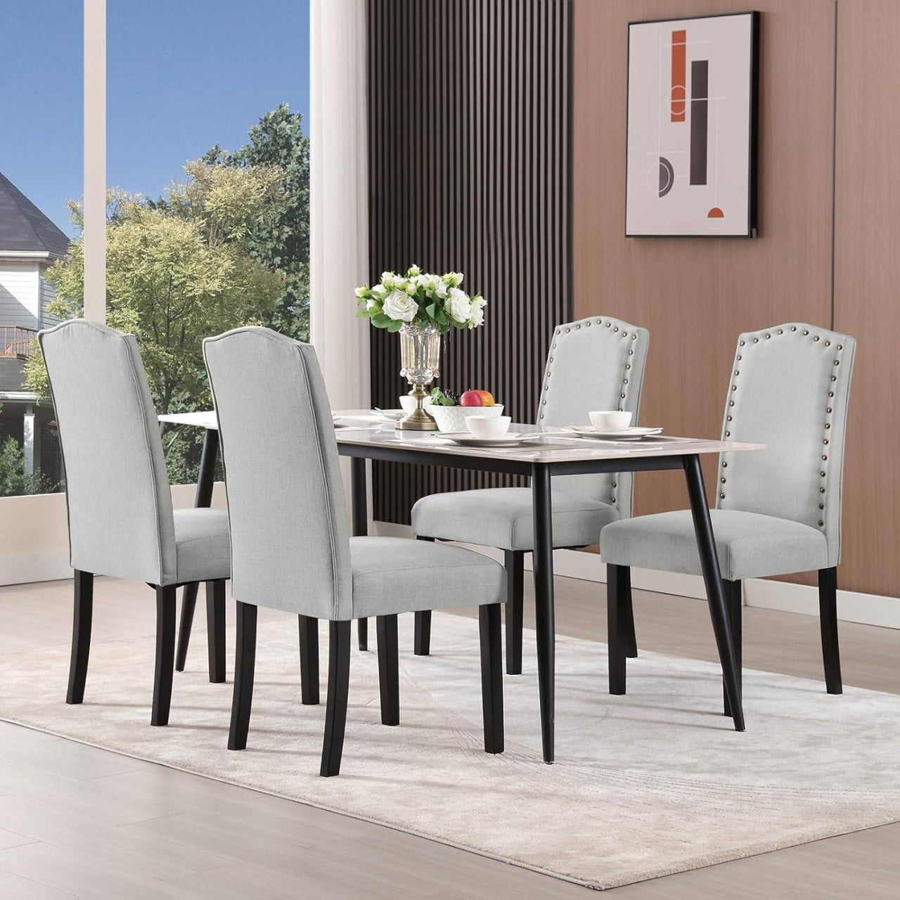 24goodz Ergonomic Dining Chairs - Comfortable High Back Support - Linen and Solid Wood - For Home Use - Light Grey