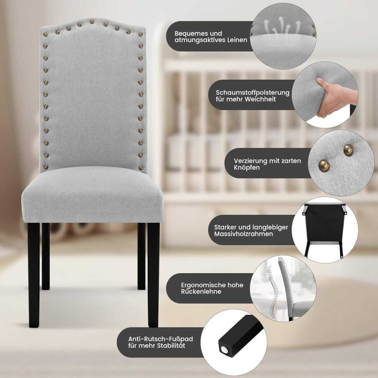 24goodz Ergonomic Dining Chairs - Comfortable High Back Support - Linen and Solid Wood - For Home Use - Light Grey