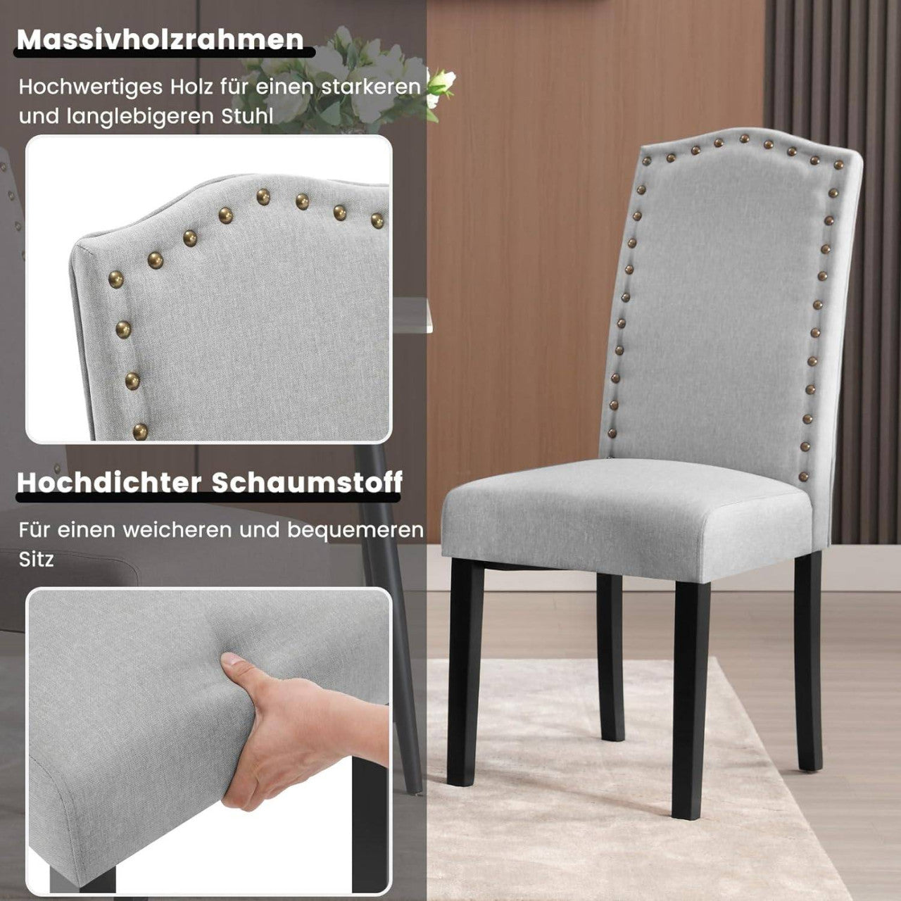 24goodz High Back Dining Chairs - Ergonomic Comfort - Durable Solid Wood Frame - Linen - For Every Room - Light Grey