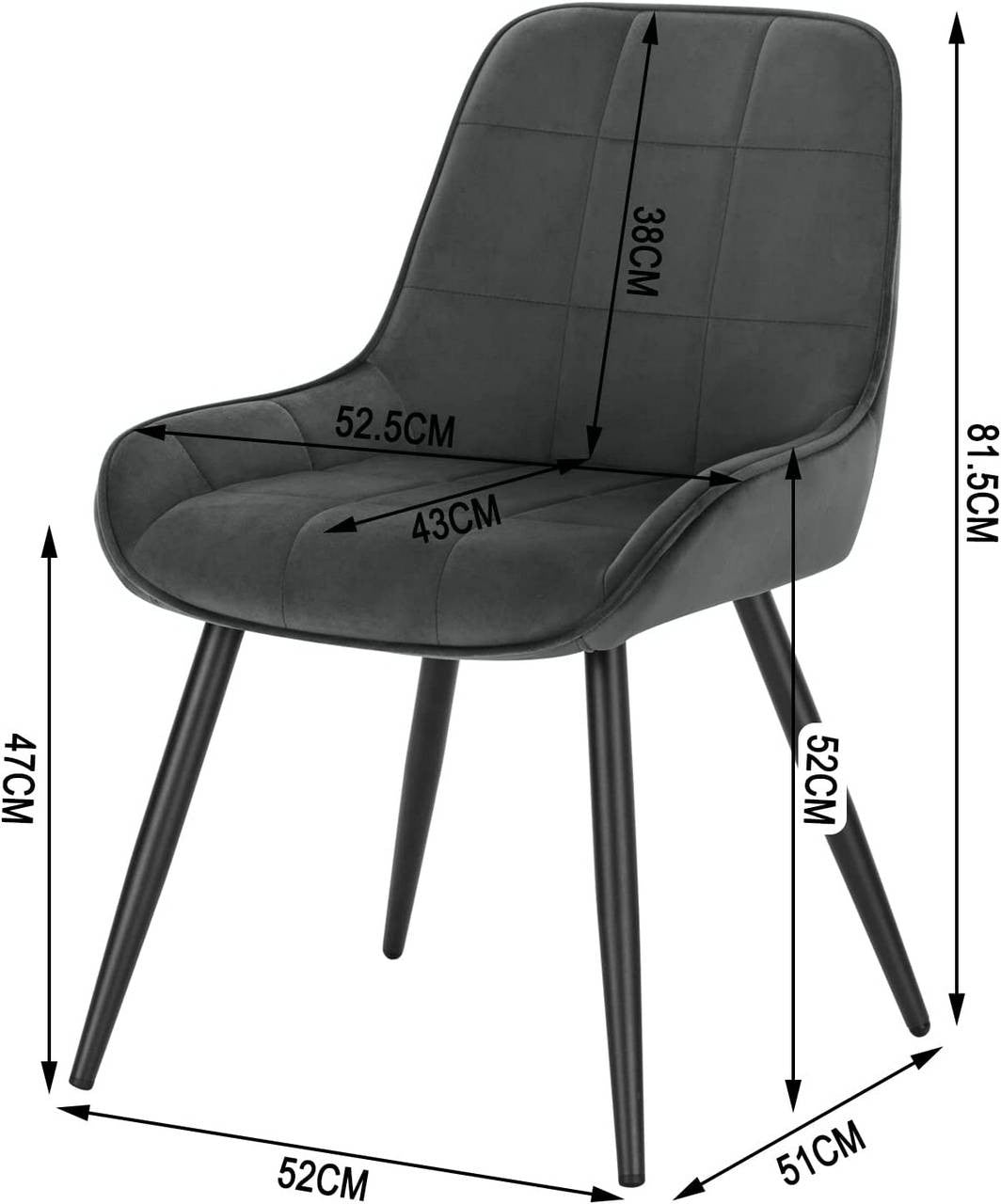24goodz Velvet Dining Chairs Set of 2 - Ergonomic Comfort - Robust Metal and Wood Structure - Dark Grey - dgr