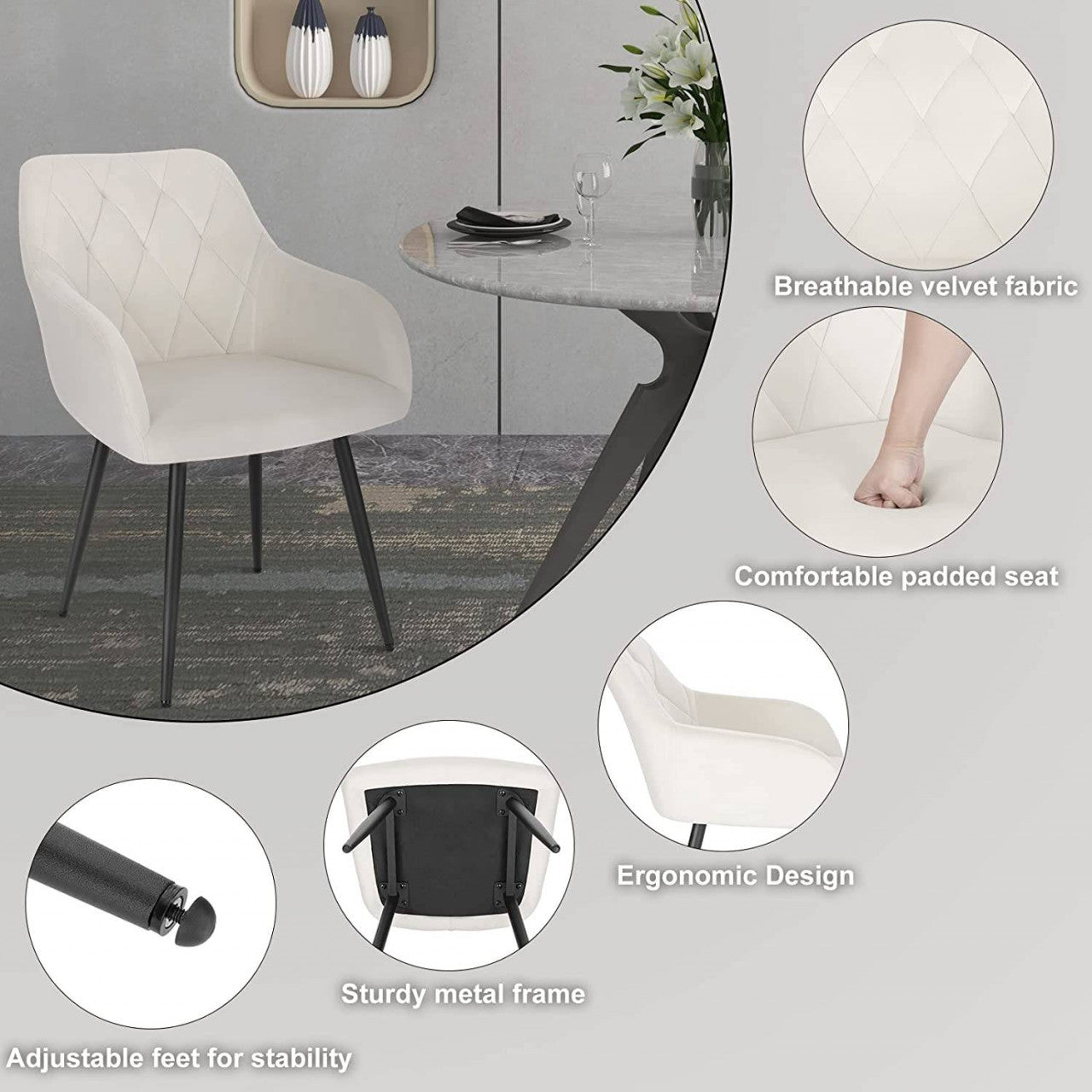 24goodz Ergonomic Dining Chairs with Armrests - Comfortable Velvet Upholstery - Sturdy Metal Legs - For Home Use - Cream White - cm