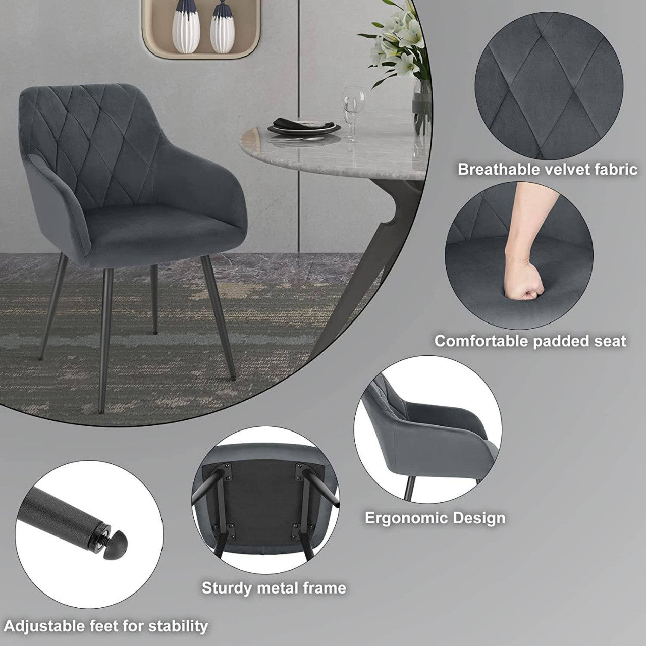 24goodz Velvet Dining Chair with Armrests - Ergonomic Comfort - Sturdy Metal Legs - Velvet - For Home & Dining - Dark Grey - dgr