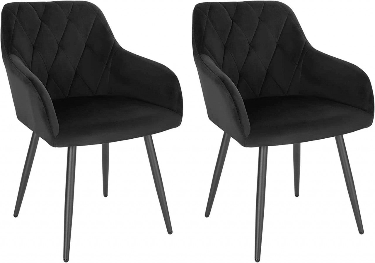 24goodz Velvet Dining Chairs with Armrests - Ergonomic Comfort - Sturdy Metal Legs - Black - Set of 2 - sz